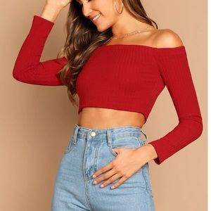 Red long sleeve off the shoulder crop top